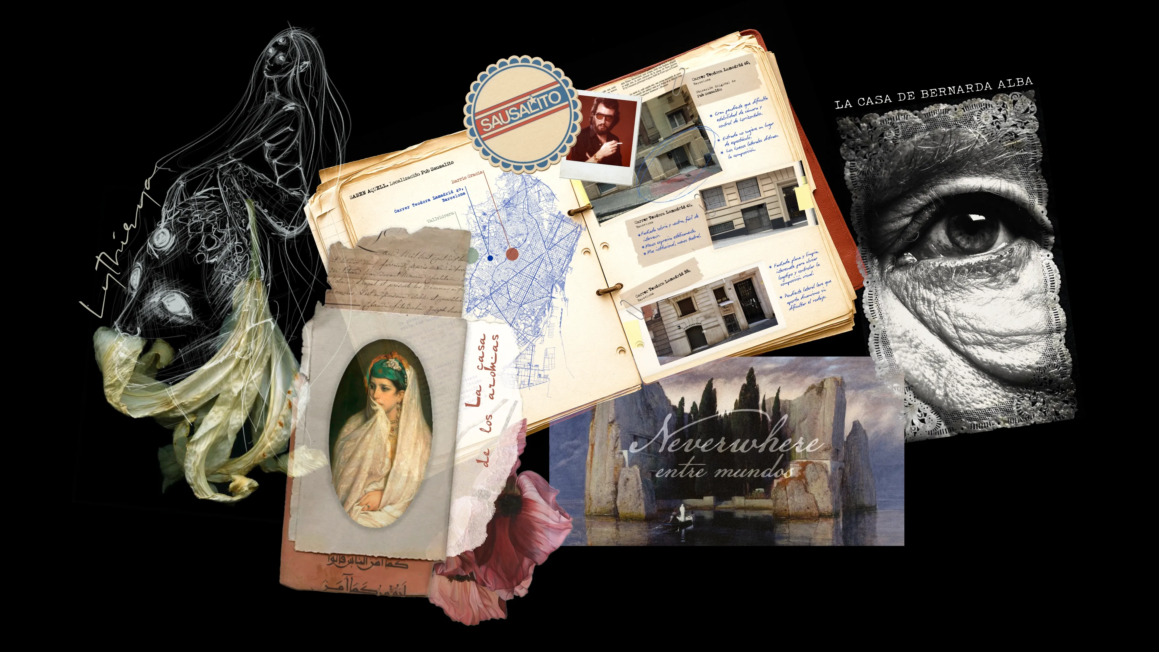 Creative Archive — a collage of five projects: Lythirya, Saben Aquell, La Casa de los Aromas, Neverwhere, and La Casa de Bernarda Alba
